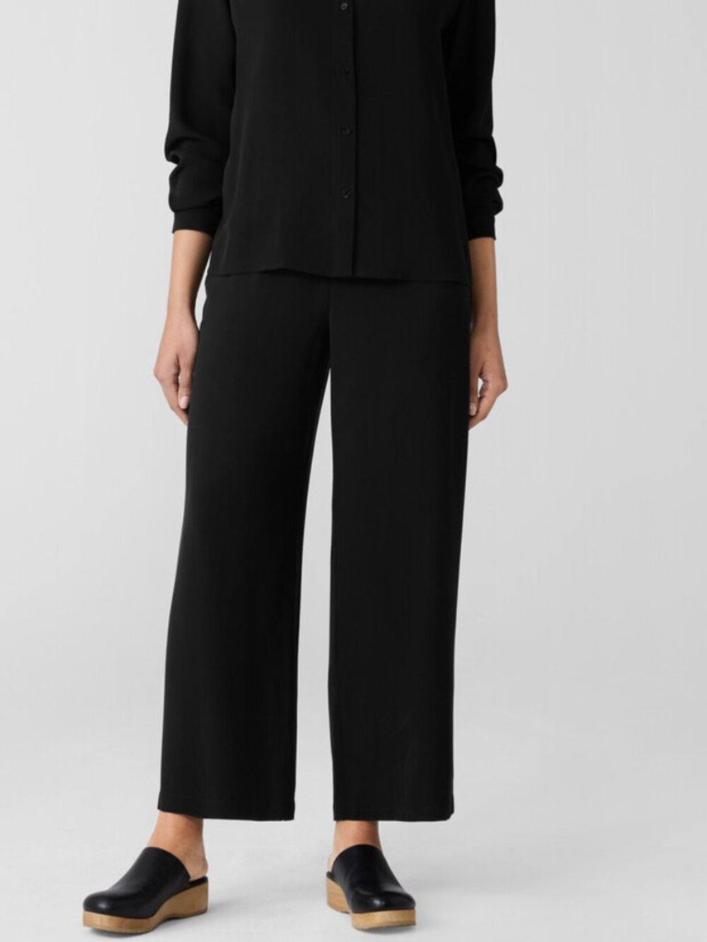 EILEEN FISHER STRETCH SILK CREPE WIDE LEG PANTS FLAT FRONT ELASTIC WAIST ANKLE S